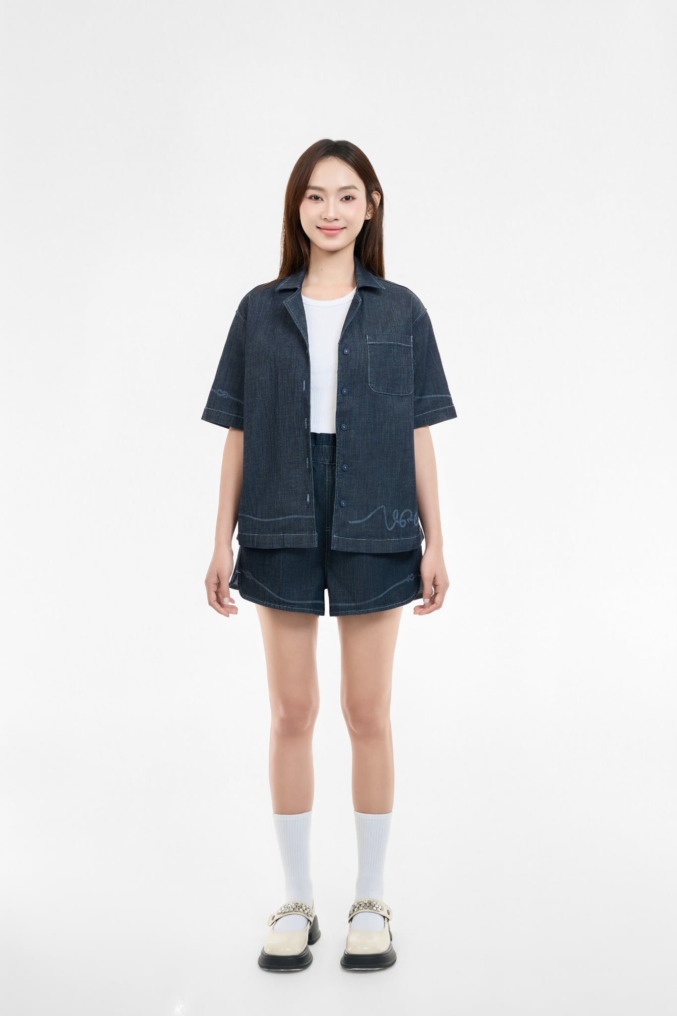 ÁO SƠ MI NỮ DENIM CỔ SAM NGẮN TAY FORM RỘNG