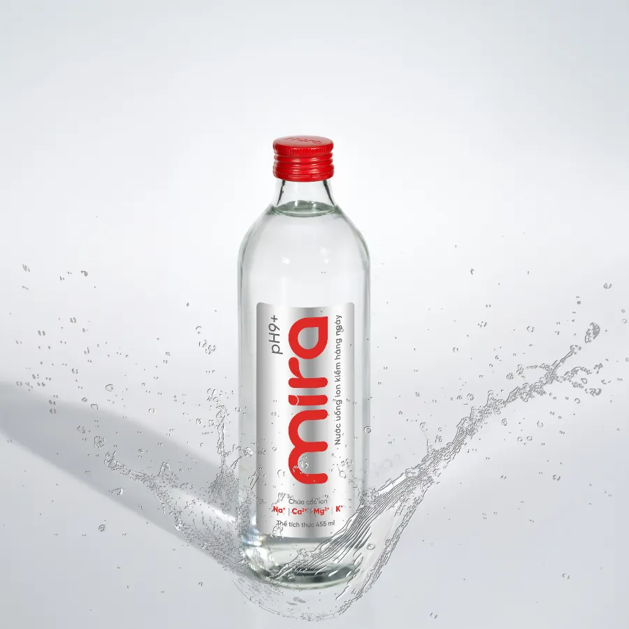 Nước uống ion kiềm Mira pH9+ 455ml chai thủy tinh