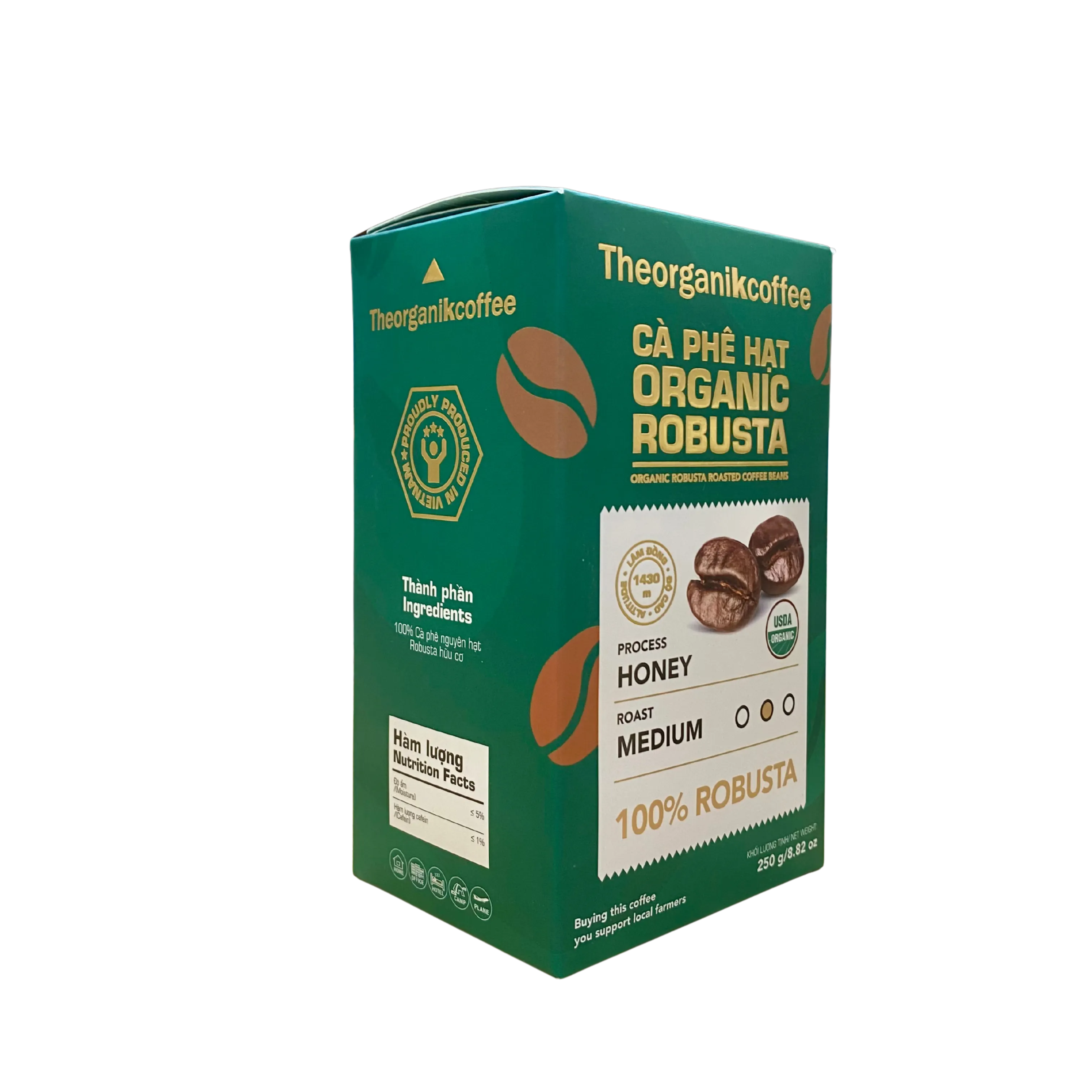 Cà phê hạt Organic Robusta 250g